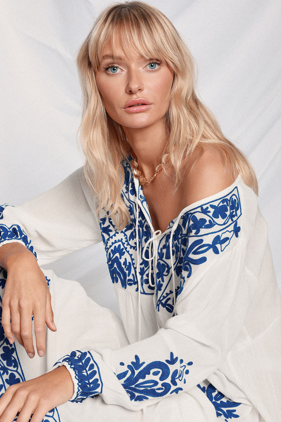 Boho Blue and White Cover-Up - Embroidered Swim Cover-Up - Maxi - Lulus