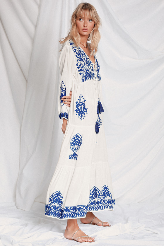 Larkspur Blue and White Embroidered Maxi Swim Cover-Up - Lulus