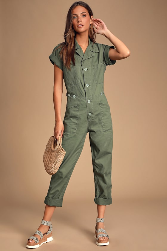 Grover Olive Green Short Sleeve Denim Jumpsuit 2