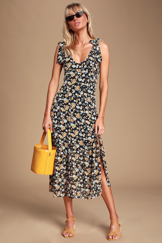 Quite a Sight Black Floral Print Tie-Strap Midi Dress 2