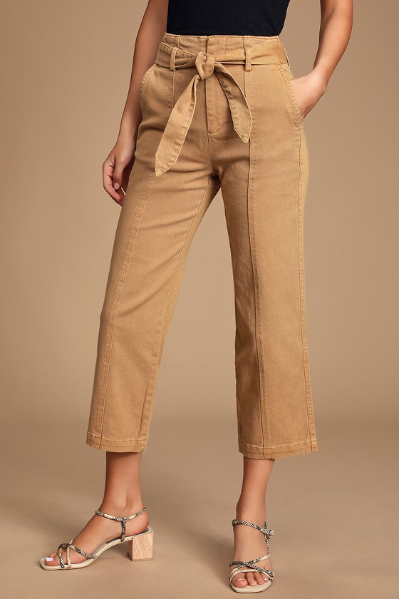 Cute Camel Pants - Cropped Wide-Leg Pants - Self-Tie Pants - Jean - Lulus