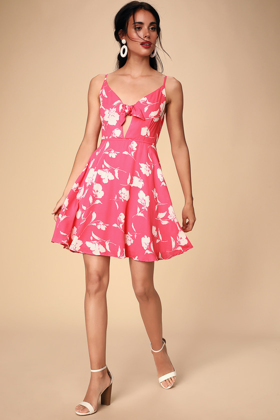 Zoya Bright Pink Floral Print Tie-Front Skater Dress