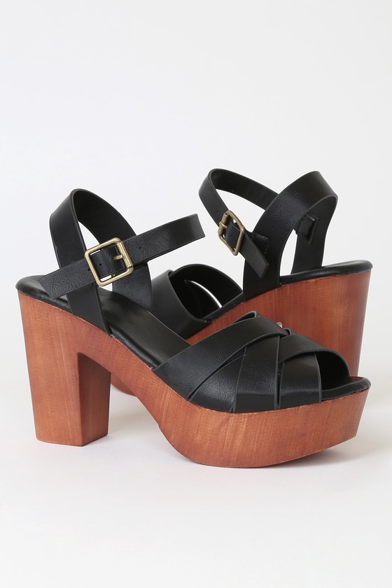 black wooden platform sandals