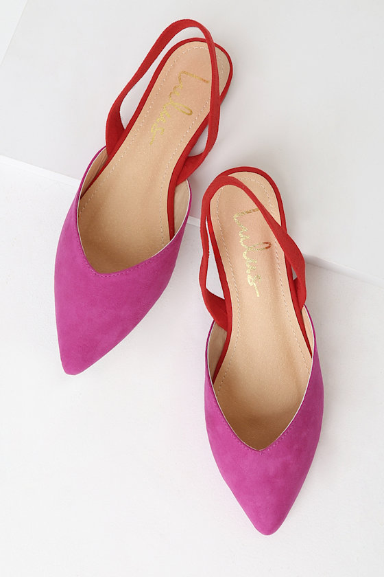 red suede pointed toe flats