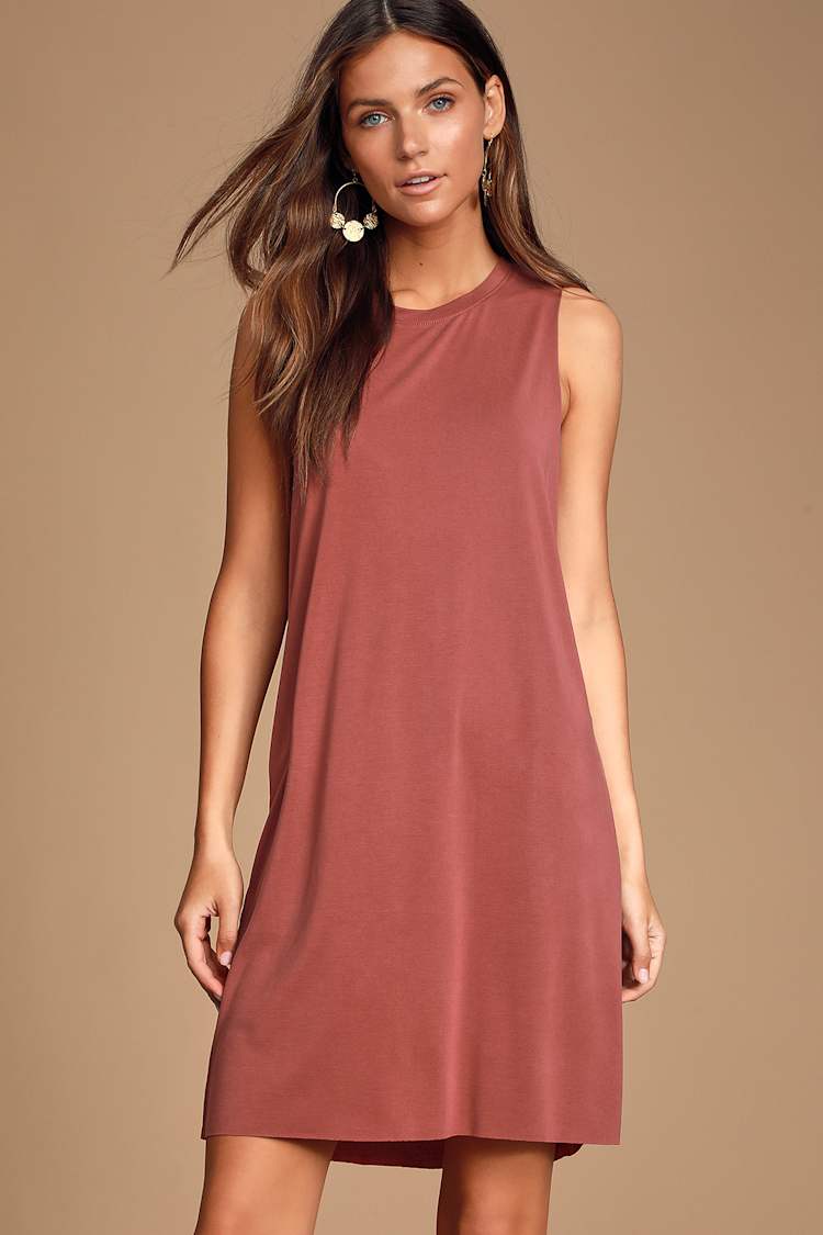 Cute Rust Red Shift Dress - Sleeveless Dress - Jersey Knit Dress - Lulus