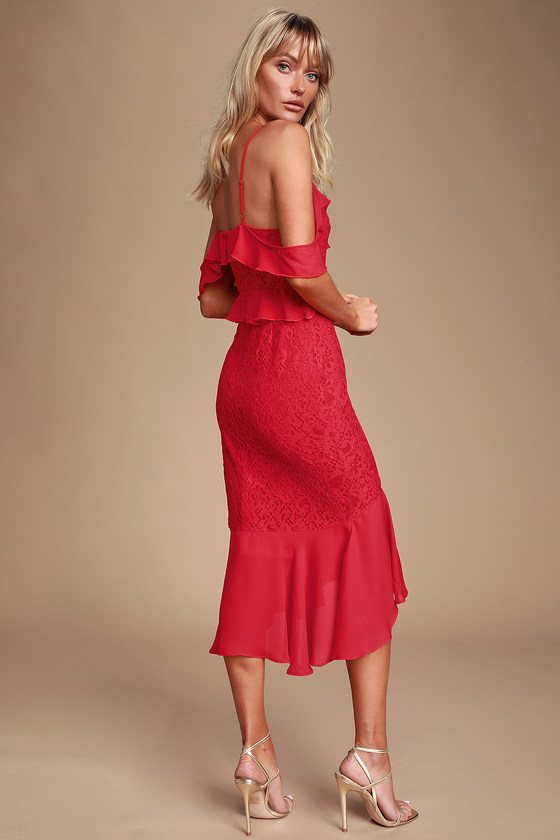 red cold shoulder midi dress