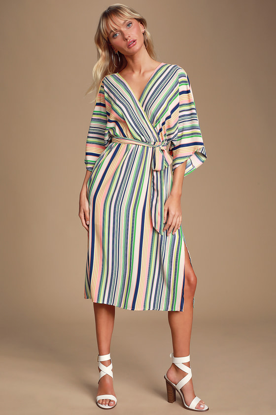 Cute Blush Multi Dress - Striped Dress - Surplice Midi Dress - Lulus