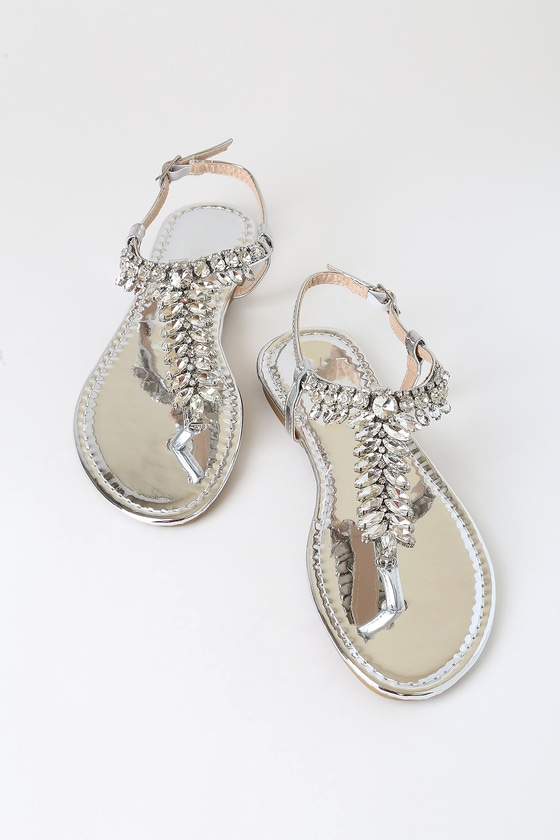 Chic Silver Sandals - Rhinestone Sandals - T-Strap Sandals - Lulus