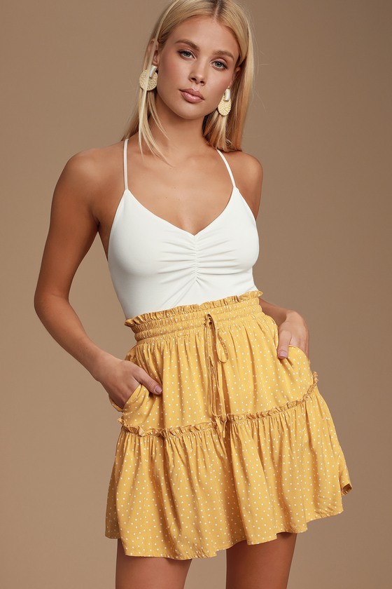 Cute Mustard Yellow Polka Dot Skirt Mini Skirt Ruffled Skirt Lulus