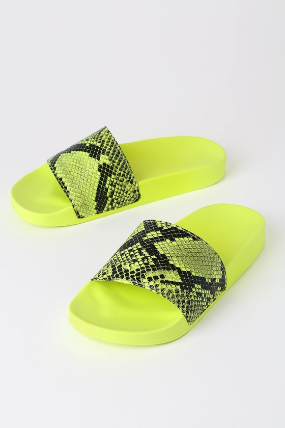neon green snakeskin slides