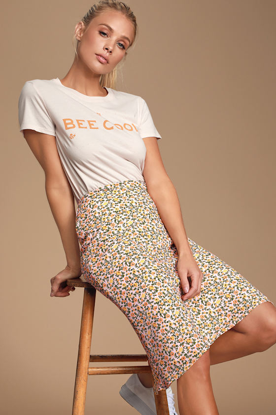 Good Times Blush Floral Print Bias Cut Midi Skirt 1