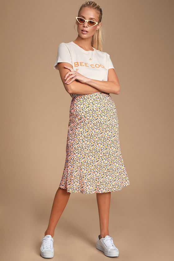 Good Times Blush Floral Print Bias Cut Midi Skirt 2