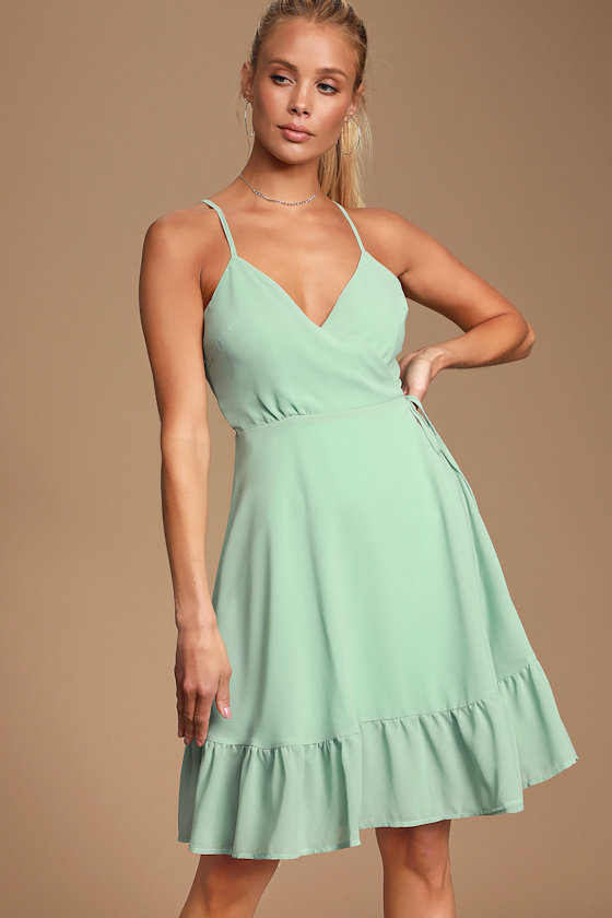 Lovely Sage Green Dress Ruffled Wrap Dress Ruffled Dress Lulus