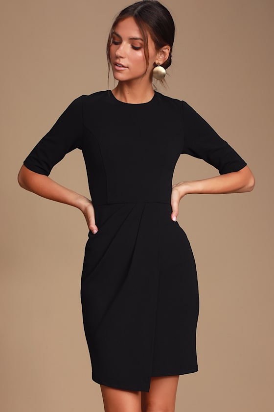 Chic Black Dress Half Sleeve Dress Crewneck Sheath Dress Lulus