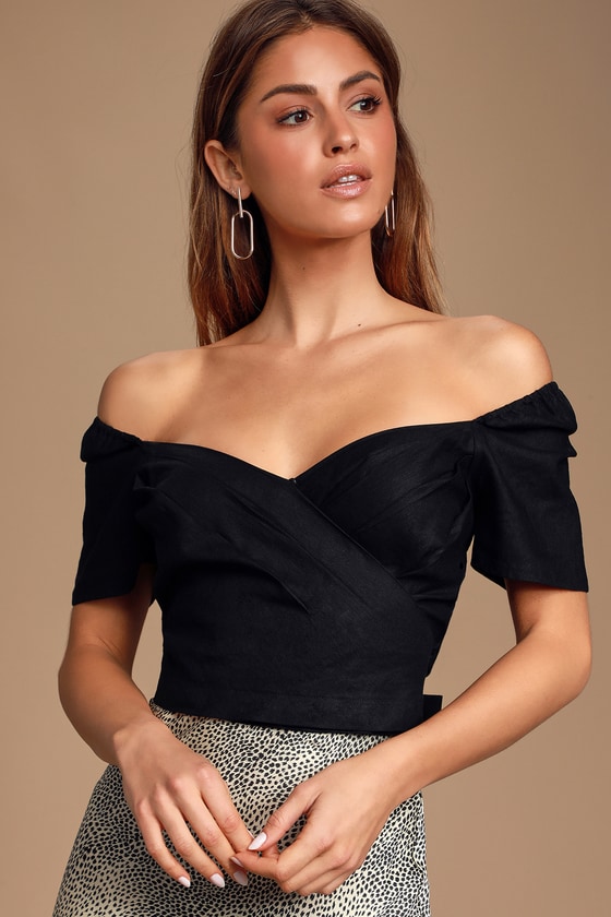 Sexy Black Surplice Top - OTS Top - Puff Sleeve Top - Crop Top - Lulus