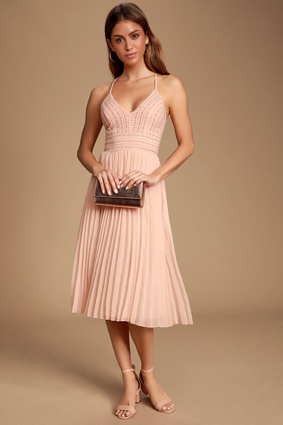 Pretty Pink Embroidered Dress Midi Dress Pleated Midi Dress Lulus