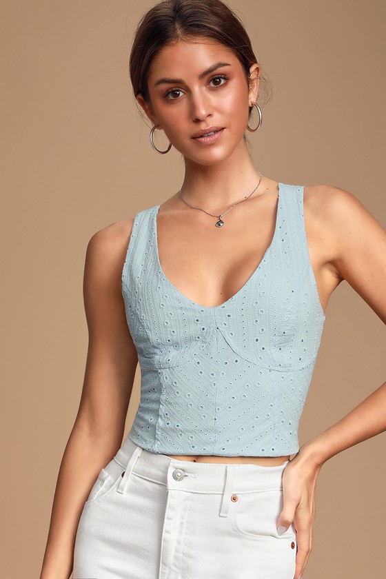 Light Blue Top - Eyelet Lace Top - Crop Top - Eyelet Bustier Top - Lulus