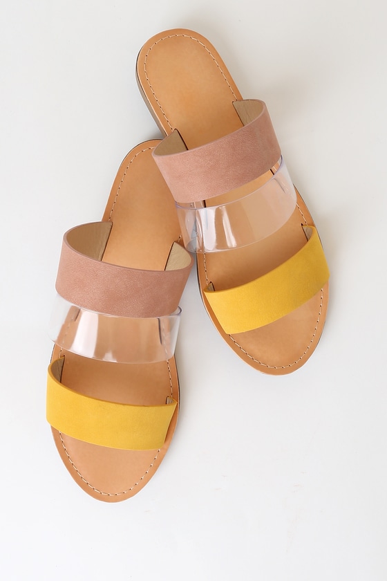 Cute Slide Sandals - Nude and Mustard Slides - Vinyl Slides