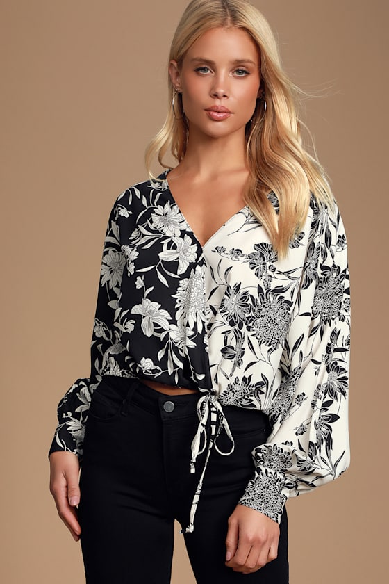 Chic Black and White Top - Dolman Sleeve Blouse - Surplice