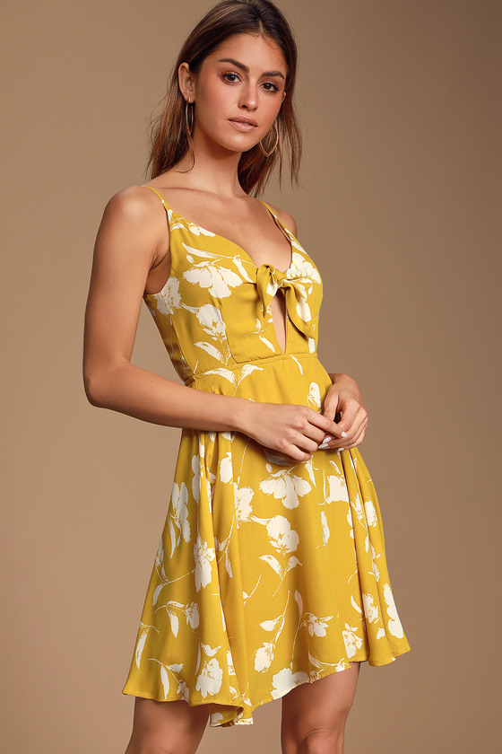 Zoya Mustard Yellow Floral Print Tie-Front Skater Dress