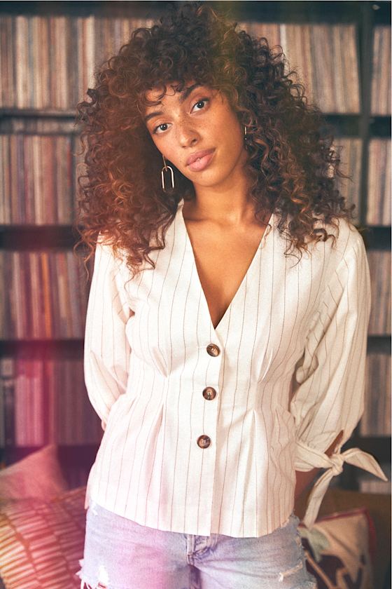 Blake Ivory Striped Button-Up Three-Quarter Sleeve Top 6