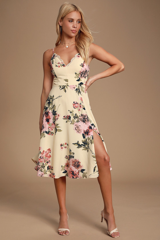 Lovely Cream Dress - Floral Print Midi Dress - Skater Dress - Lulus
