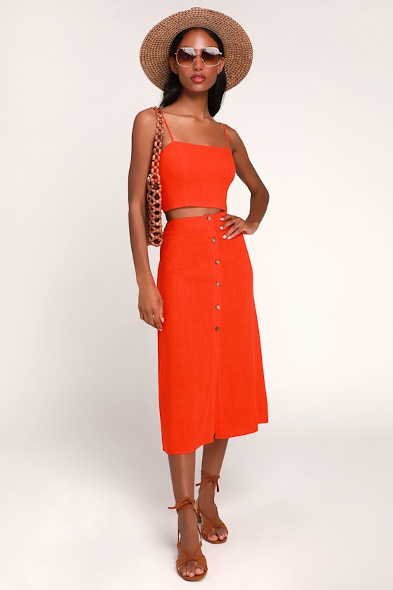 Rosalda Red Orange Button-Up Midi Skirt 1
