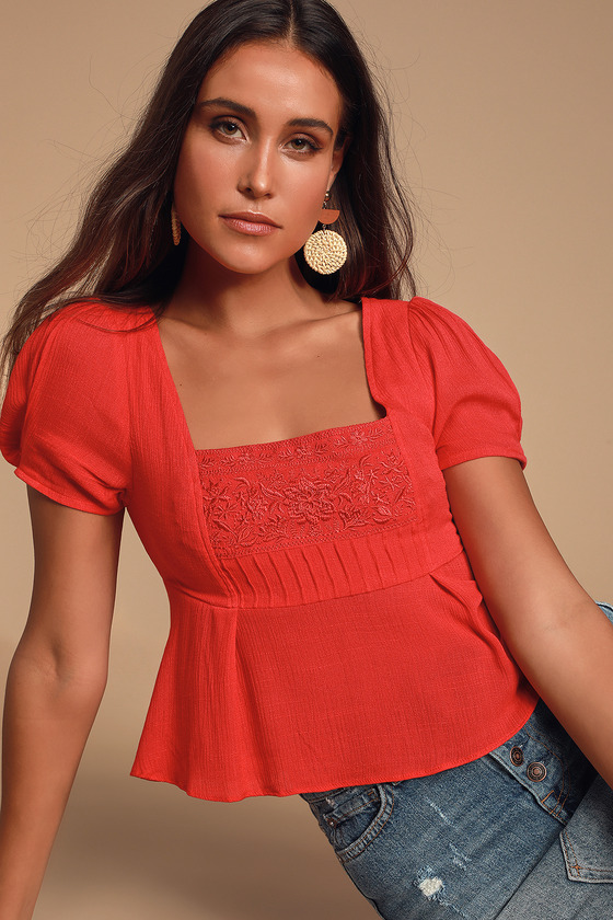 Cute Red Blouse - Embroidered Shirt - Square Neck Blouse - Top - Lulus
