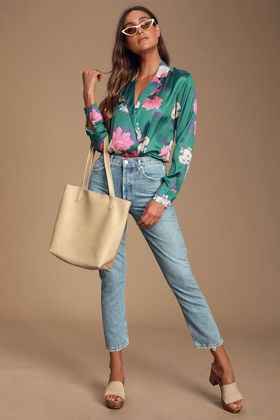 Vallecito Teal Green Satin Floral Print Long Sleeve Bodysuit 3