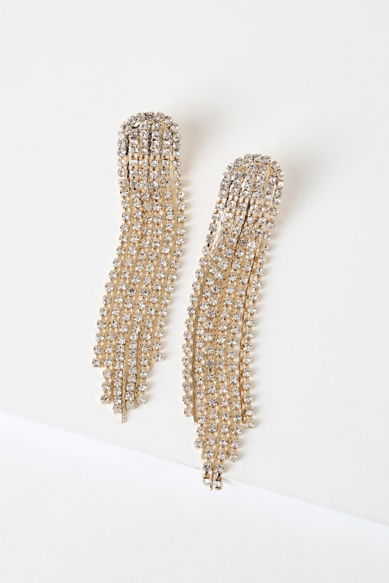 Glitz Gold Rhinestone Tassel Earrings 1