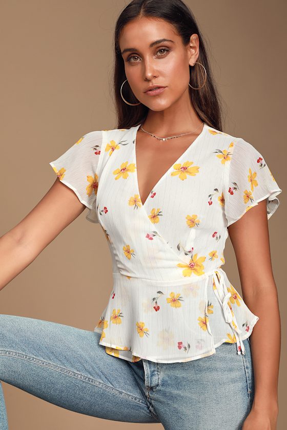 Lovely White Top Floral Print Wrap Top Peplum Wrap Top Lulus