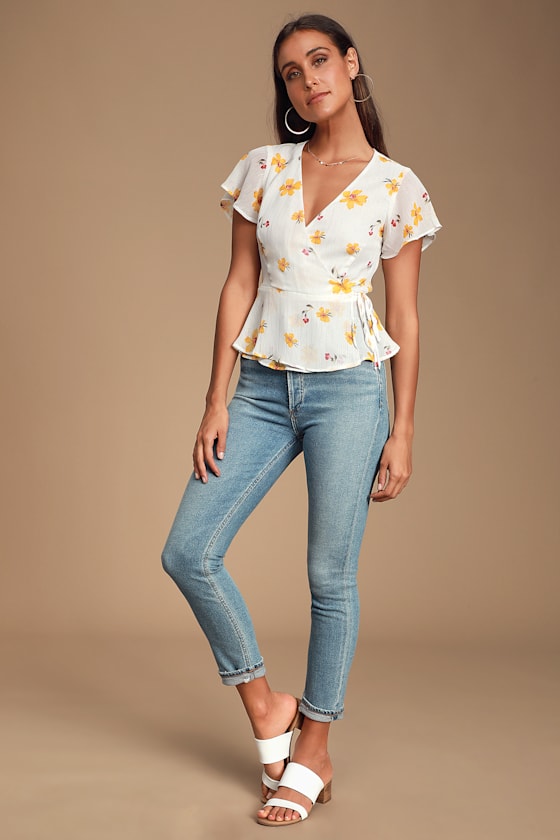 Evie White Floral Print Peplum Wrap Top 1