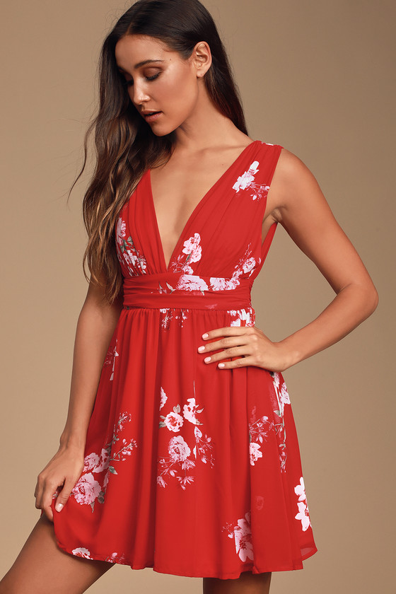 Milana Red Floral Print Ruched Mini Dress