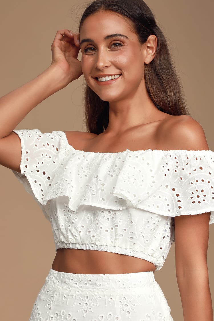 Fun White Crop Top - Off-the-Shoulder Top - Eyelet Lace Top - Set