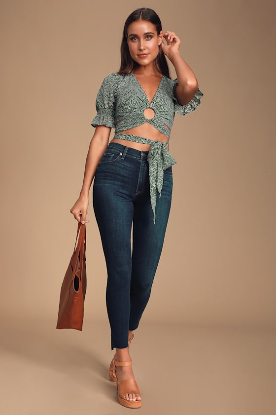 Ariel Green Polka Dot Cropped Wrap Top 7