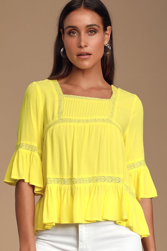 Yellow Top Peasant Top Lace Top ThreeQuarter Sleeve Top Lulus