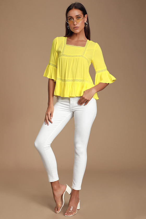 Cass Bright Yellow Lace Peasant Top 7