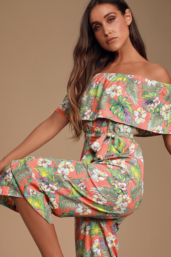Raquell Coral Tropical Print Off-The-Shoulder Jumpsuit 6