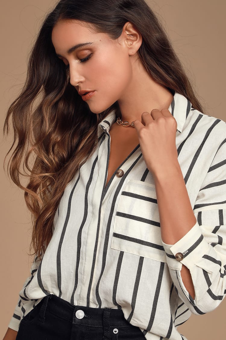 Cute Striped Top - Sleeve Top - Collared Button-Up Top -