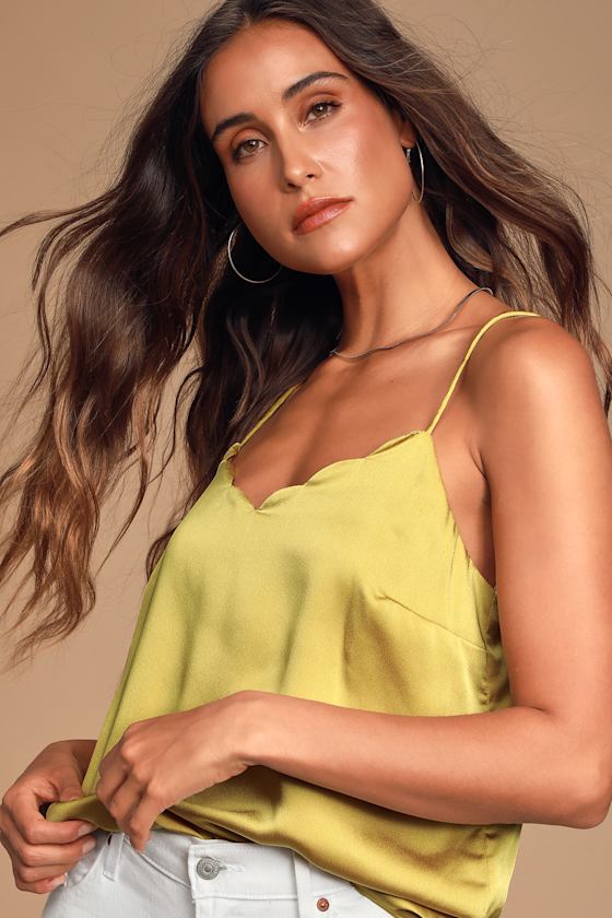 Initiate Chartreuse Satin Scalloped Cami Top 4