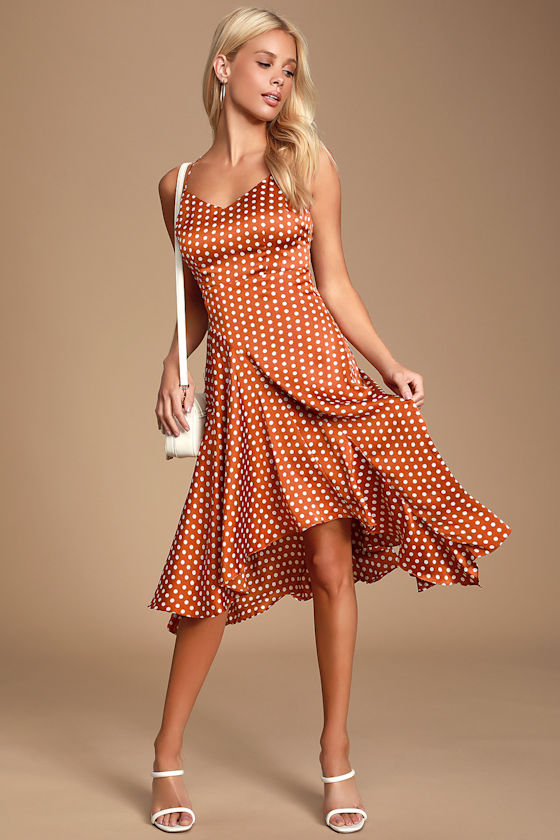 Bellamy Rust Brown Polka Dot Backless Handkerchief Dress 1