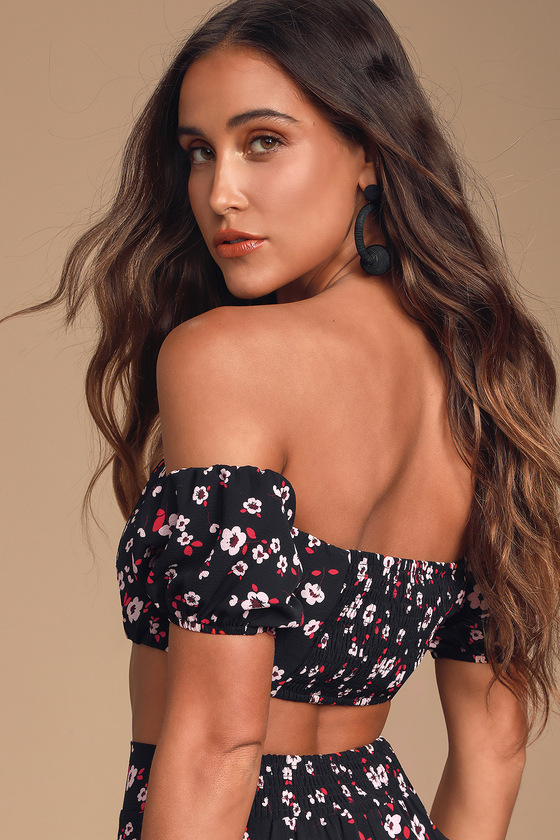 Black floral off the shoulder top outlet