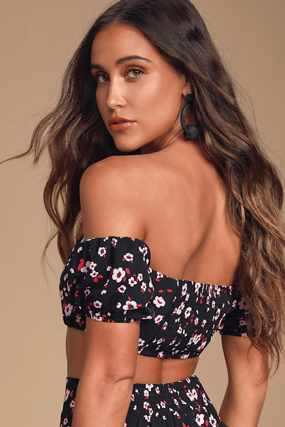 Brinkley Black Floral Print Off-the-Shoulder Crop Top 2