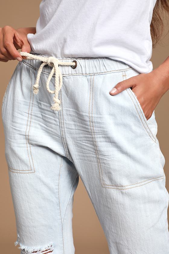 Shabbies Light Wash Drawstring Distressed Boyfriend Jeans 4