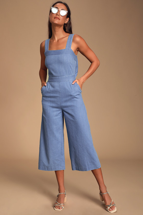Whilo Light Blue Chambray Tie-Back Culotte Jumpsuit 2