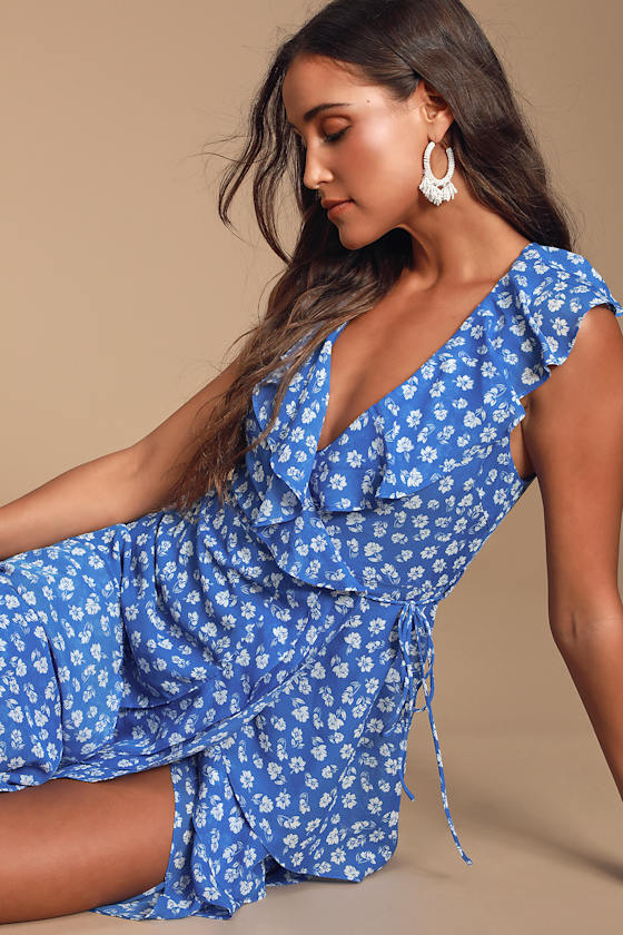 Cornelia Royal Blue Floral Print Ruffled Wrap Midi Dress 1