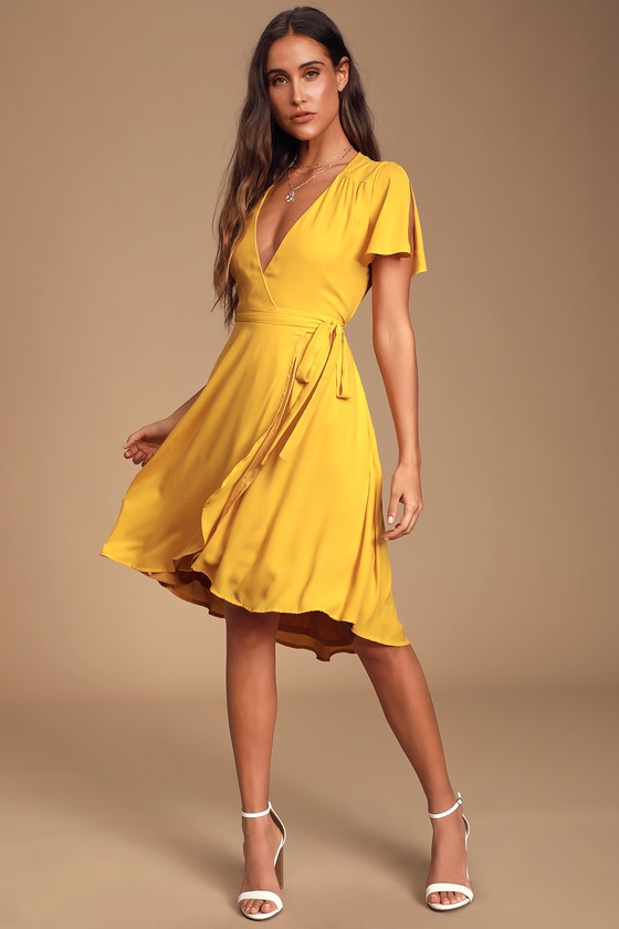 golden yellow wrap dress