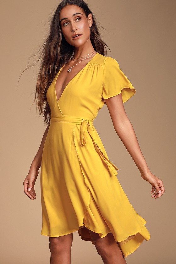 Lovely Golden Yellow Wrap Dress - Midi Wrap Dress - Midi Dress - Lulus