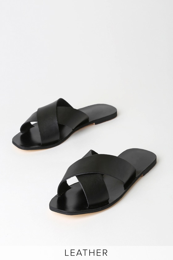 Cute Black Slide Sandals - Square Toe Slides - Crisscross Sandals - Lulus