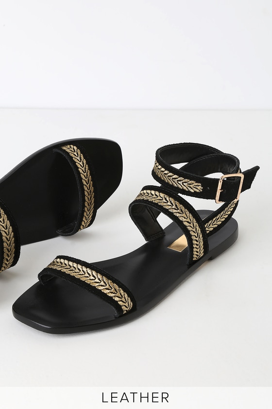 KAANAS Brasilia - Black and Gold Sandals - Leather Sandals - Lulus